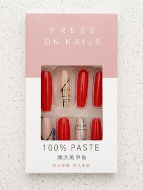 Burrberry Inspired Press On Nails Red & Nude Graphic Set